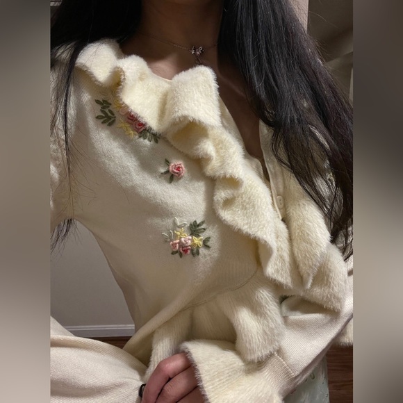 Lacemade Liz Lisa 🌸Gunne Sax Prairie Style Y2K Floral Ruffle Cardigan/Sweater🤍 - Picture 3 of 14